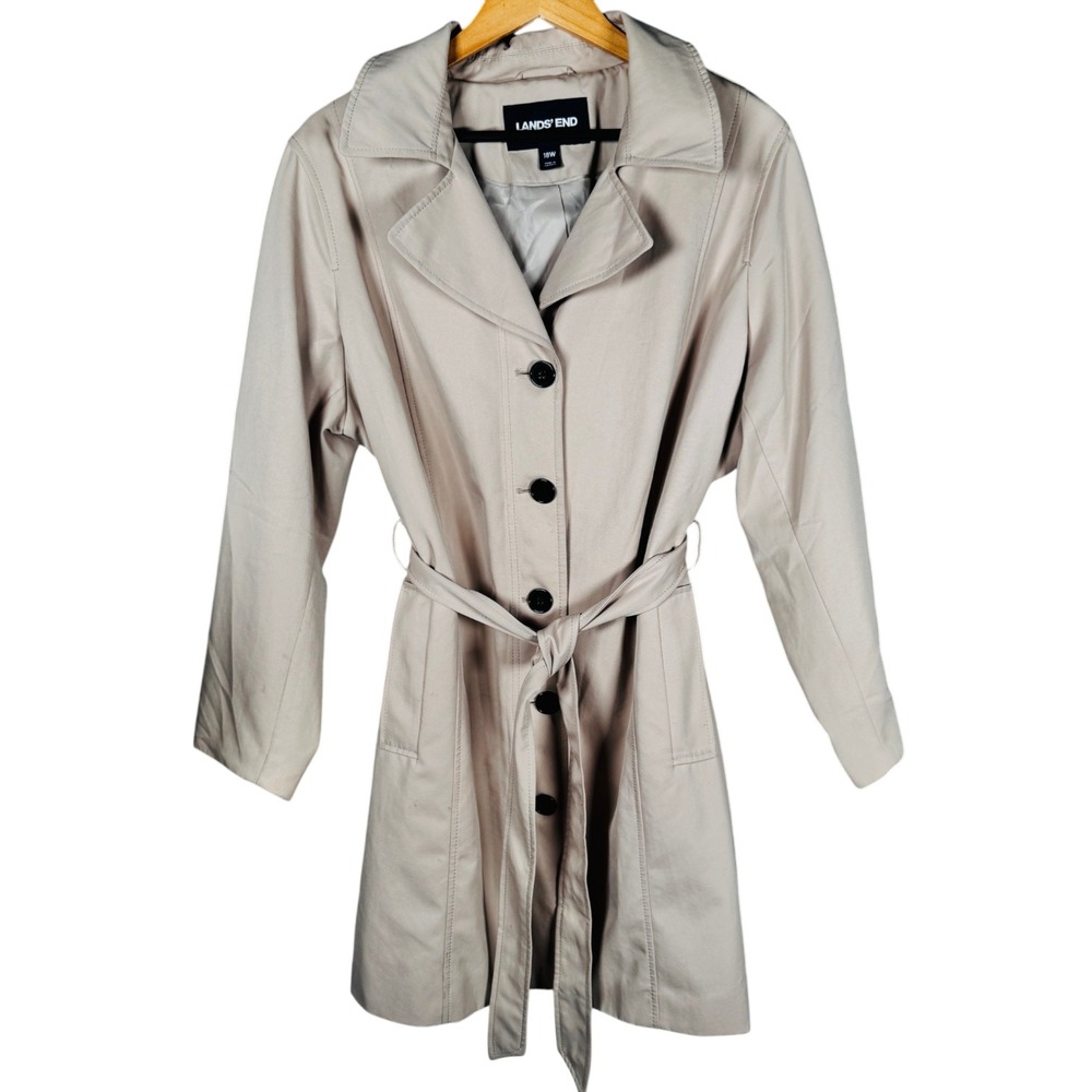 Lands' End Trench Coat Womens 18W Beige Belted Button Front Storm Flap Rain